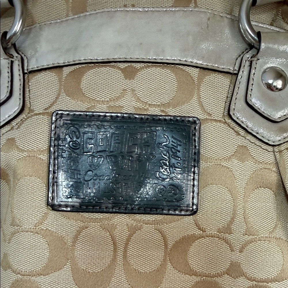Coach Beige Signature Canvas Shoulder Bag with Purple & Orange Floral Appliqués - Picture 14 of 16